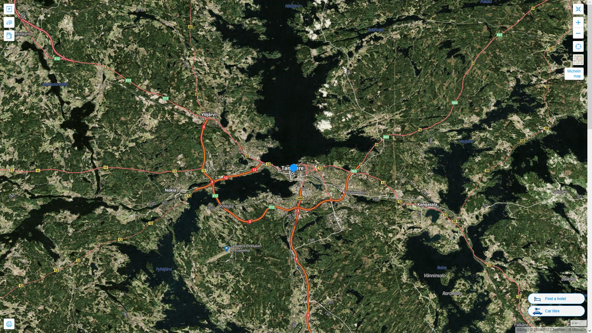 Tampere Finlande Autoroute et carte routiere avec vue satellite